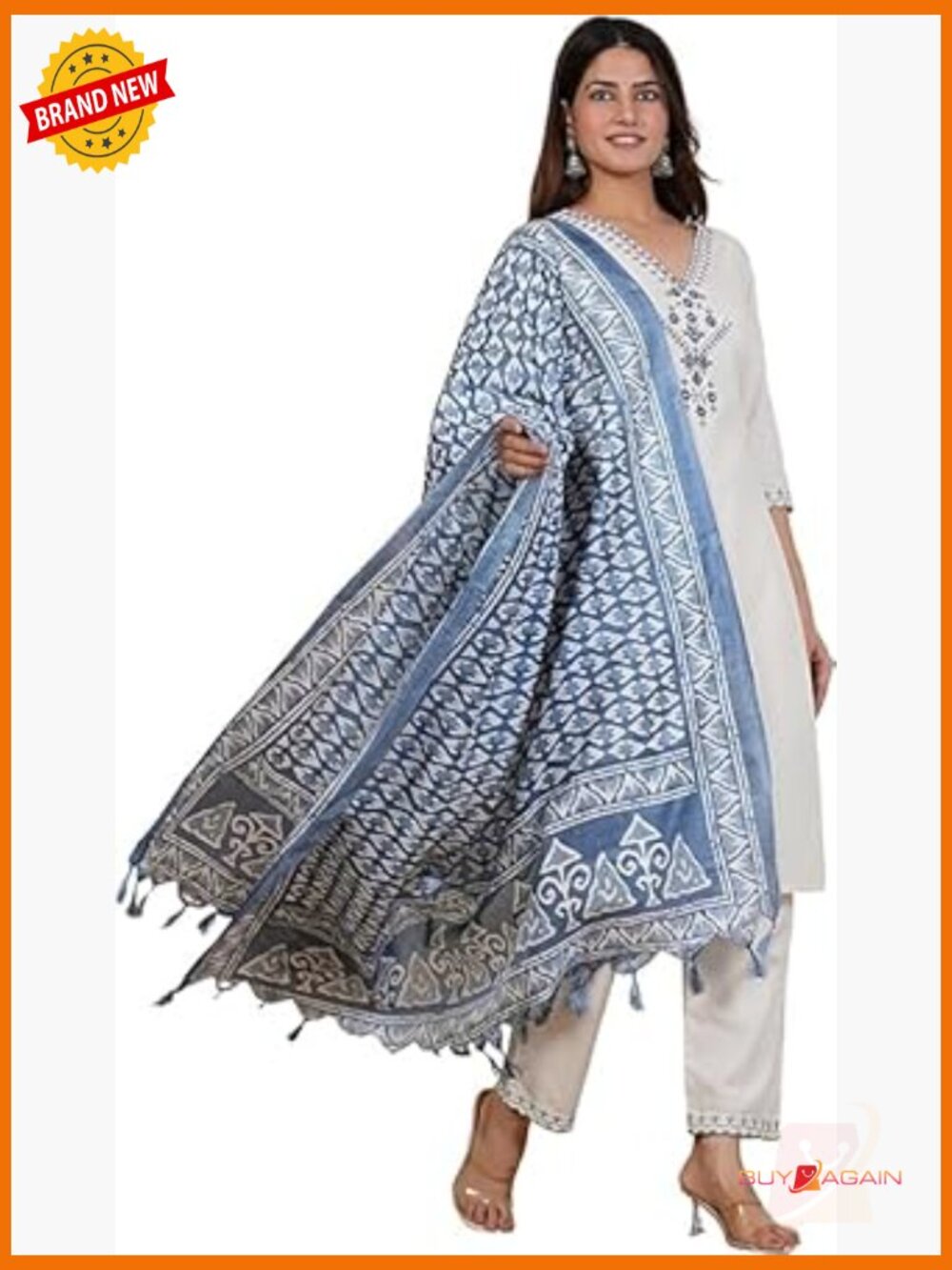 Embroidered Cotton Kurta Set with Printed Dupatta Indian Ethnic Wear Tunics